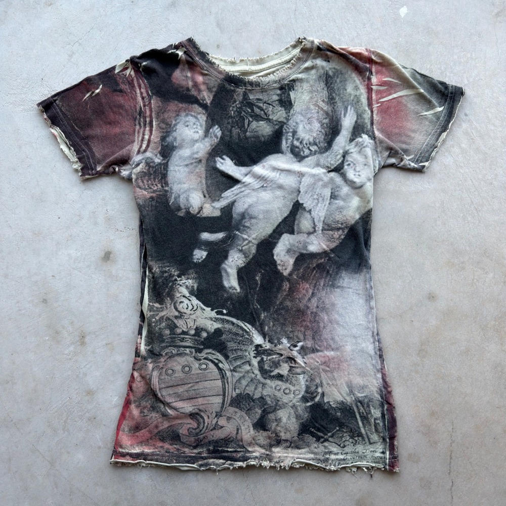 Sinful by Affliction Womens Medium Y2K Cherub Angel Graphic Distressed T-Shirt